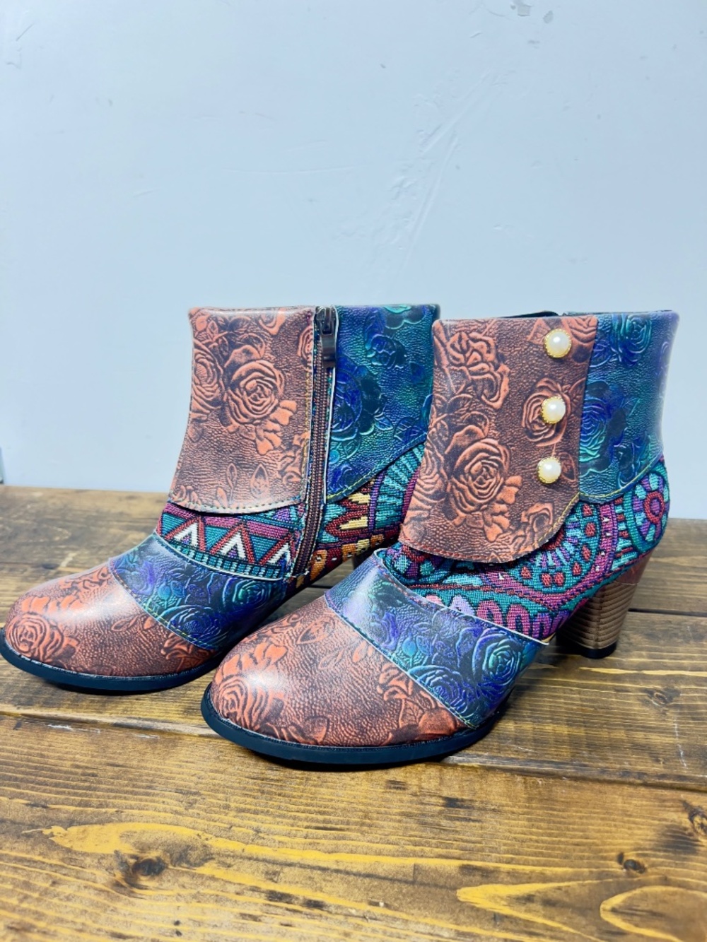 YLYL Womens Ankle Boots Floral Printed Patchwork Side Zipper Chunky Block Heel